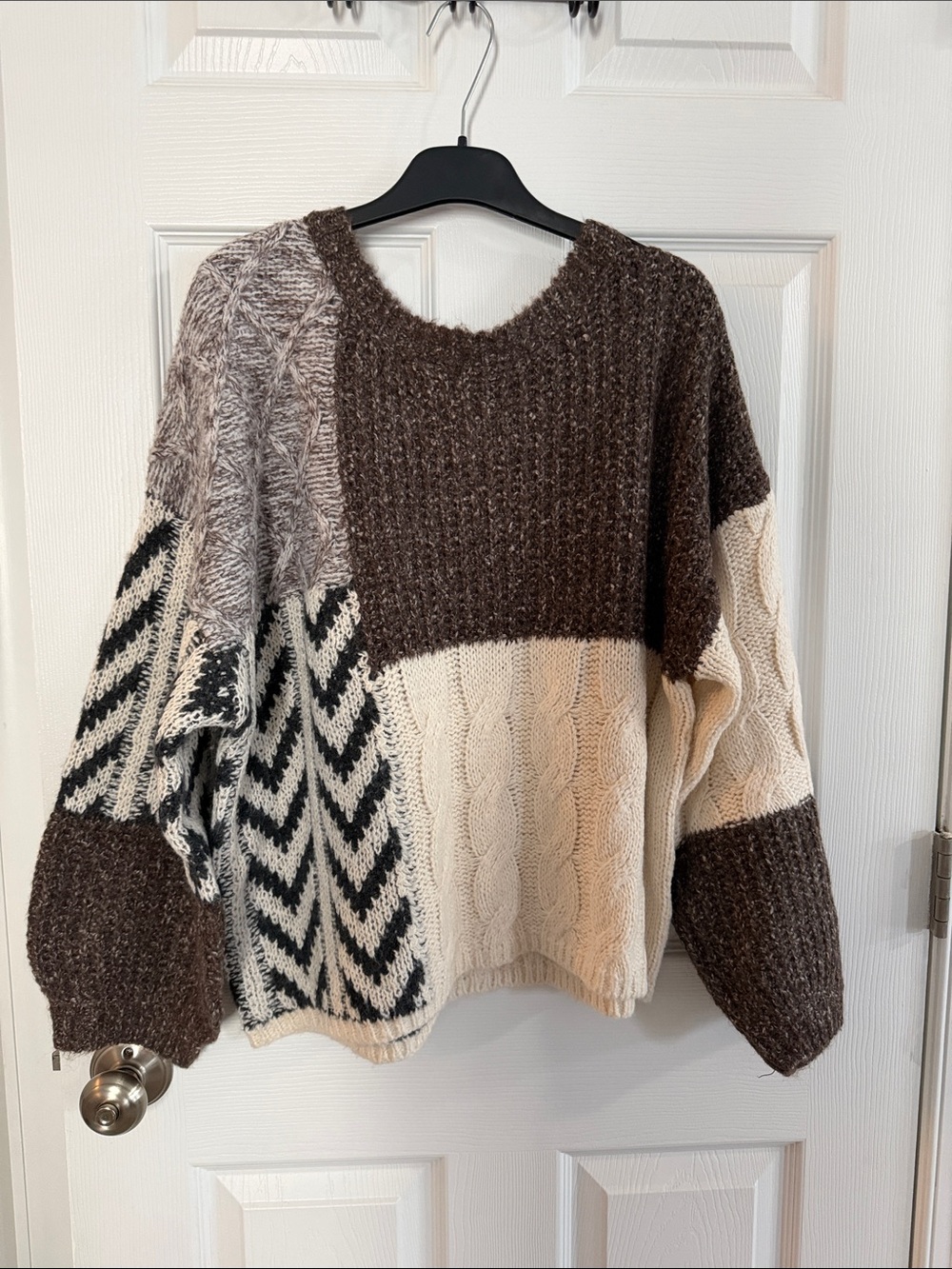 Blu Pepper Colorblock Patchwork Cable Knit Sweater in Brown, Cream & Black